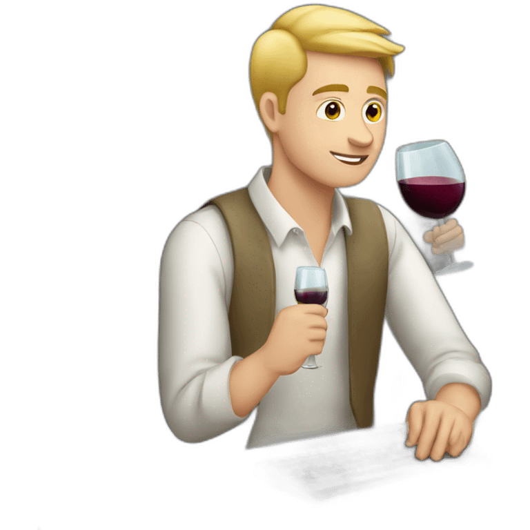 A young white gay man working at the computer while he is drinking wine emoji