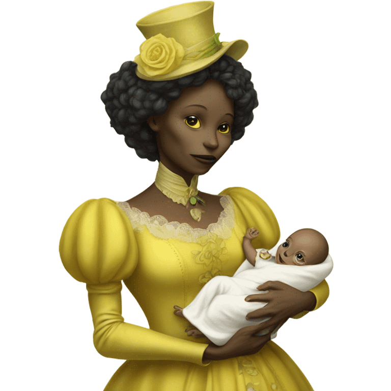  Reptilian alien woman, full body, in victorian jellow elegant dress, holds a newborn white humman baby emoji