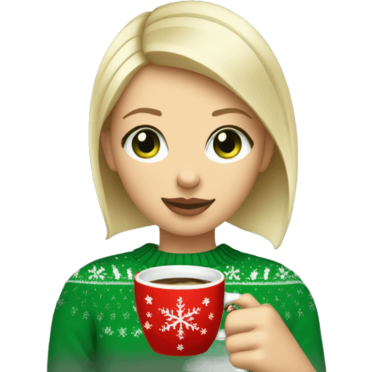 Short haired blonde girl with green eyes drinking coffee wearing Christmas sweater emoji