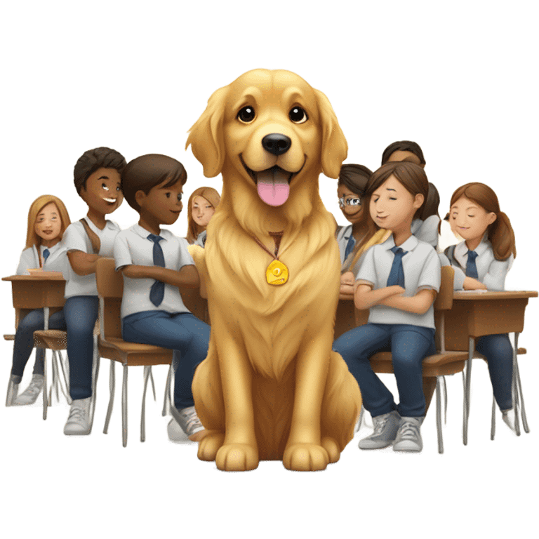 golden retriever sitting by school students and a teacher  emoji