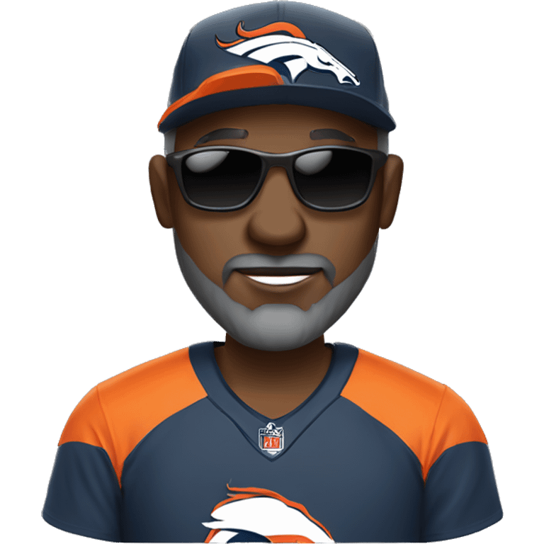 Bald black guy head dark grey long beard wearing Denver broncos cap and Jersey and sunglasses  emoji