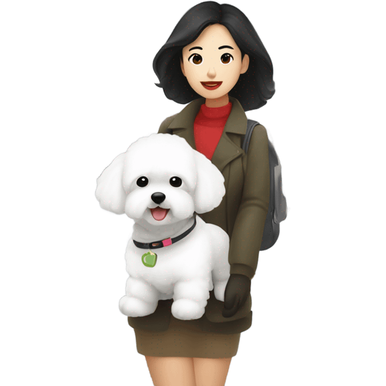 A cute korean style bichon frise with a dark-haired Asian woman at the airport  emoji