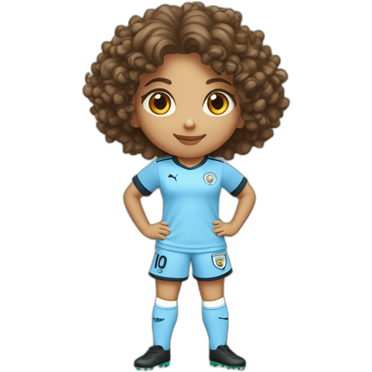 girl with short curly brown hair and eyes wearing Manchester City football shirt, fluro orange soccer boots, standing with a soccer ball emoji