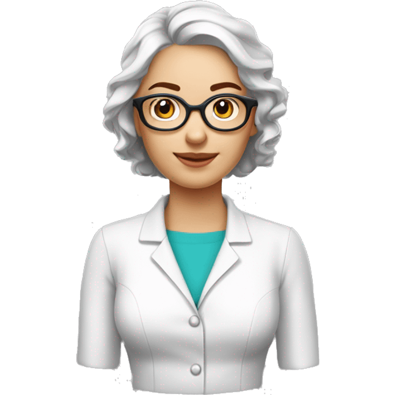 femme pharmacien avec une blouse pas blanche cheveux brun court boucle et à lunette emoji