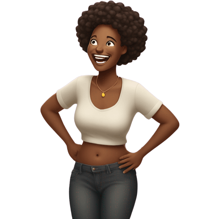 Joyful Black woman laughing heartily, holding belly with both hands. Bright and cheerful mood. Emphasize natural expressions and vibrant energy. emoji