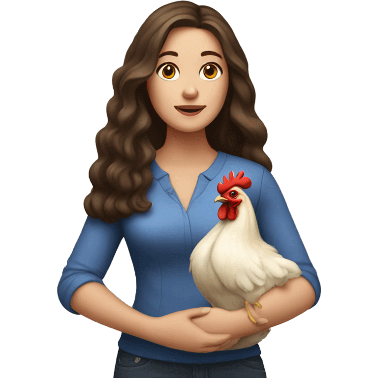 white brunette woman with long hair and brown eyes holding a chicken emoji