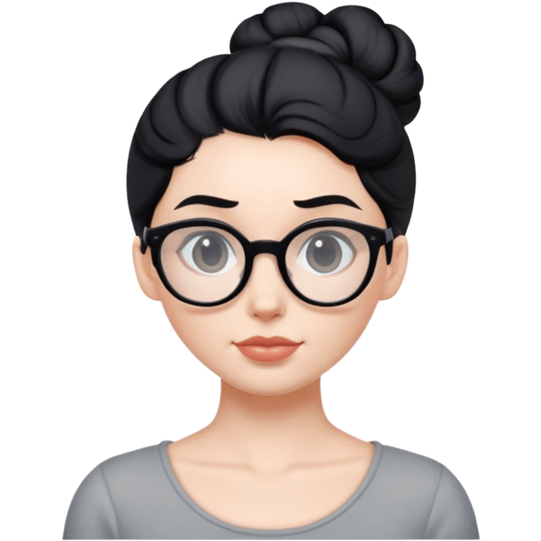 pale teacher with black hair in a updo bun, wearing gray glasses emoji