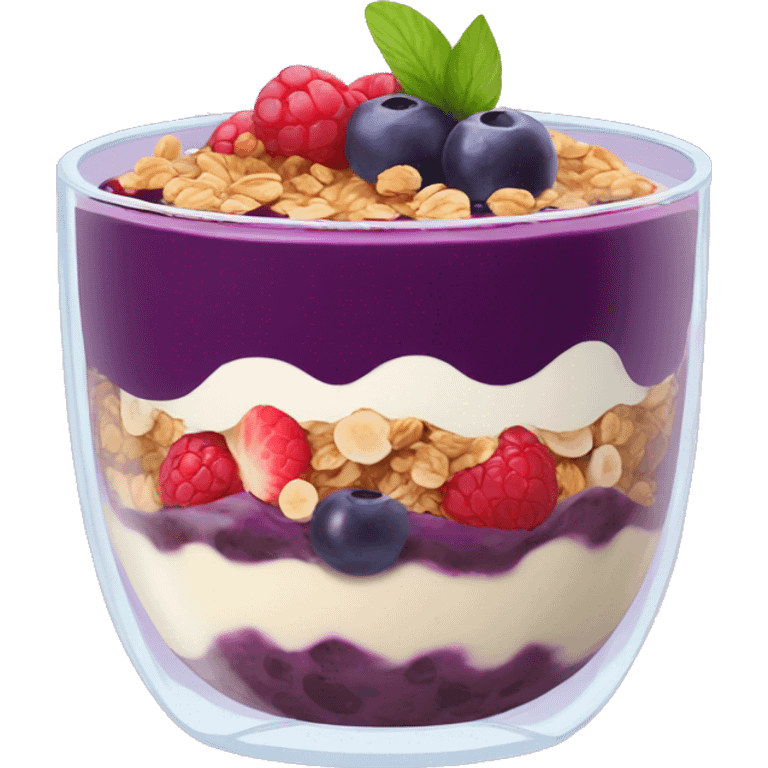 Açaí in a clear cup with layers of fruits and granola and condensed milk emoji