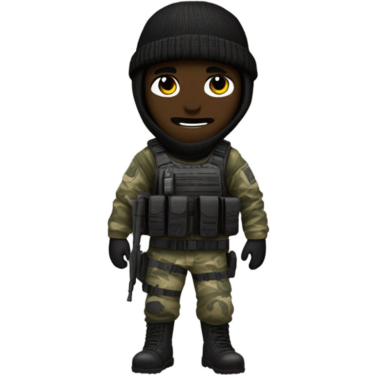 male, pale skin, call of duty black face mask, camo tactical gear, combat boots, black beanie, hazel eyes emoji