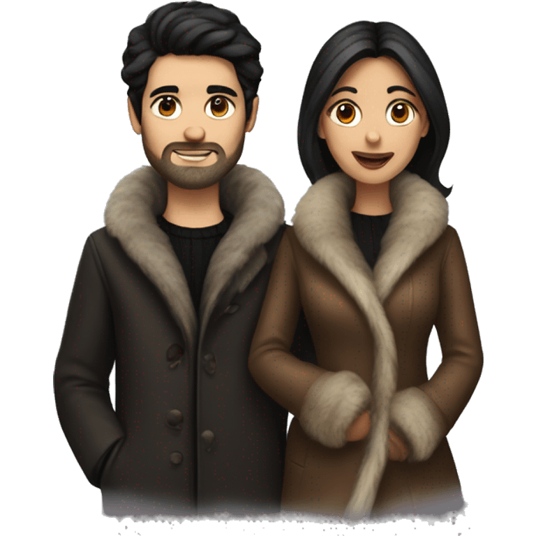 Dark haired couple in long fur coats emoji