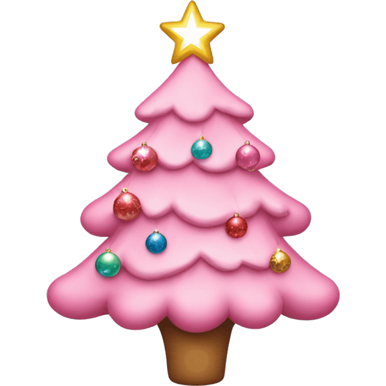 Cute pink Christmas tree with delicate ornaments, lights, and a sparkling star on top emoji