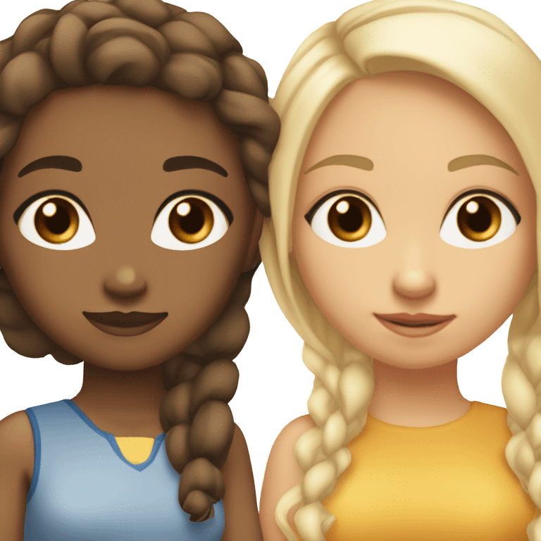 skinny mixed girl with brown eyes and brown hair with 2 blonde streaks in front of her hair , sitting next to another more lighter mixed girl who has blonde hair and blue eyes , and their best friends emoji