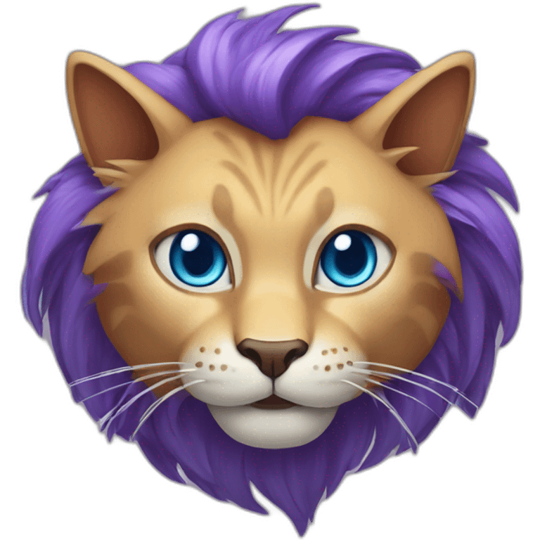 Purple cat with big blue eyes, lion mouth and shark phinn on the head emoji