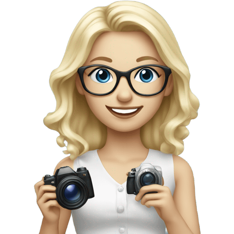 Elegant real blonde girl with glasses smiling blue eyes taking pictures with a camera  emoji