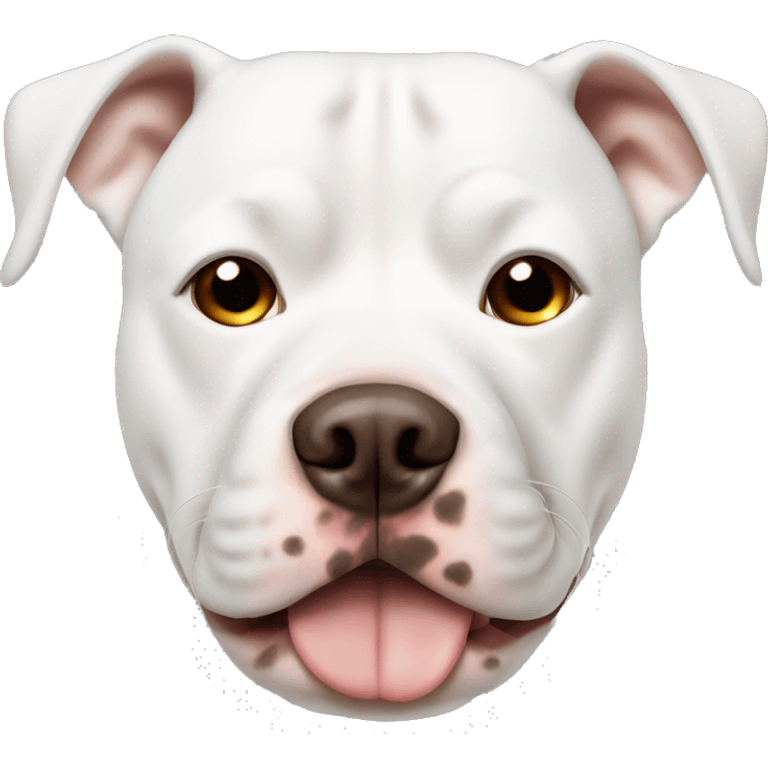 white pitbull dog with brown spots in the face and a big one spot in the eye and one brown ear emoji