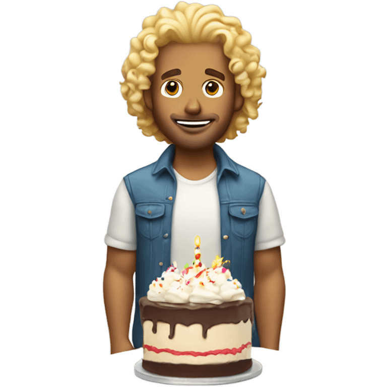  Blonde curly mullet white man standing over a birthday cake emoji