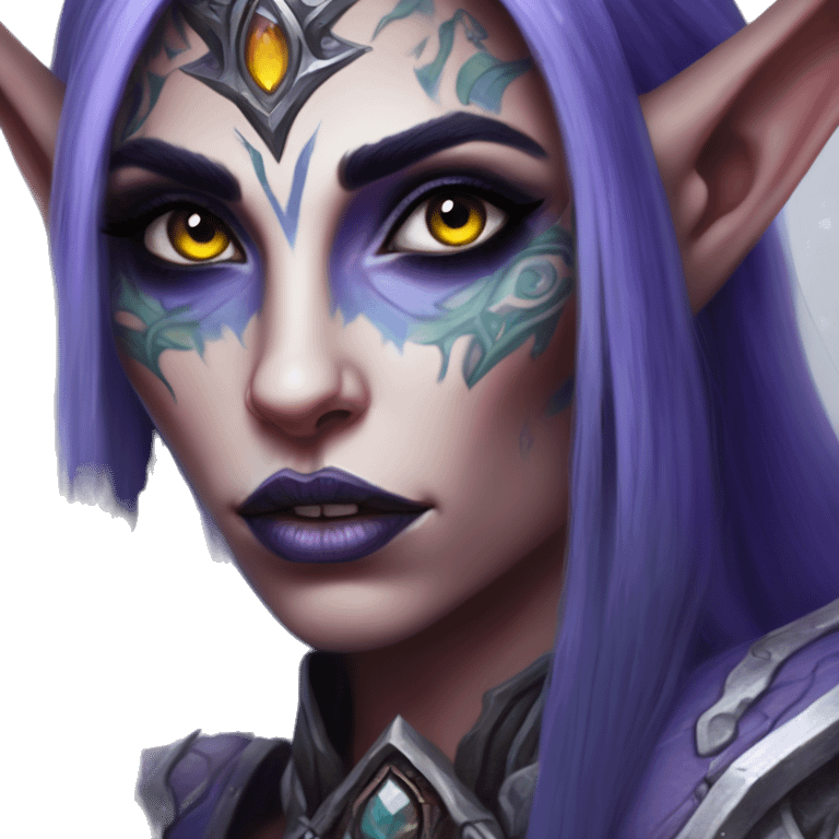 Tattooed night elf in world of warcraft style, oil paint, mysterious eyes, intricate lips, masterpiece portrait, beautiful, desirable, logical emoji