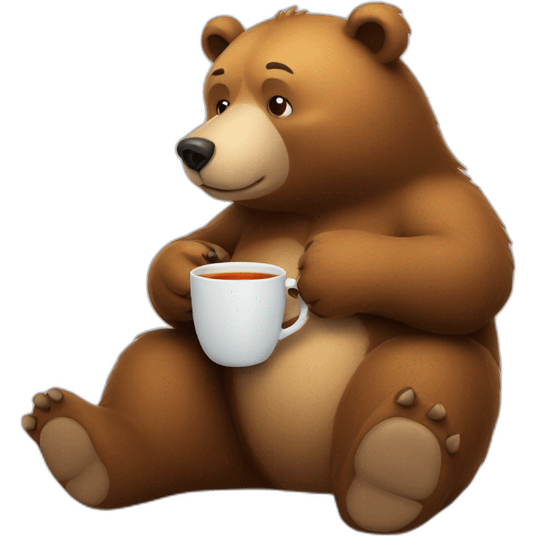 A cartoony bear sitting on floor with a cup of tea motioning for viewer to sit next to him emoji