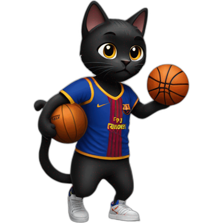 Black cat with a FC Barcelona t-shirt playing basketball emoji