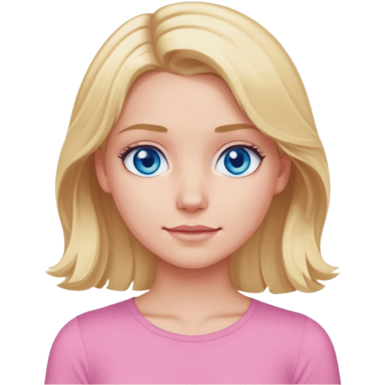 Blonde girl, middle part, slightly wavy, pink top on, blue eyes emoji