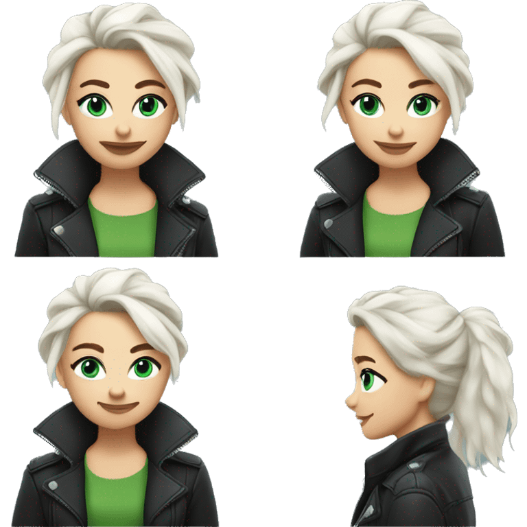 young woman with white hair in messy bun wearing a leather jacket with blue green eyes playful smirk emoji