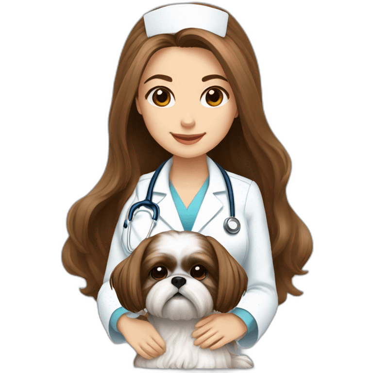 a girl nurse in long brown hair sits with a white and brown shih tzu emoji