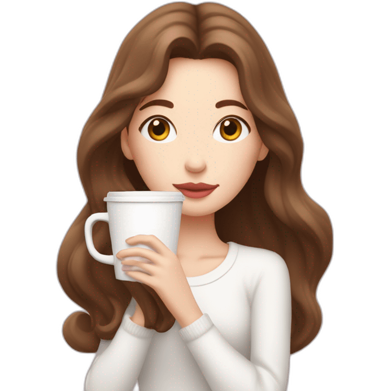 woman with pale skin and brown long thin hair wearing a white woolly shirt sipping coffee from a light pink takeaway cup eyes closed emoji