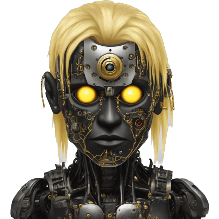 black metal male cyborg head with artificial eyeball, circuitry and wispy yellow gold hair emoji