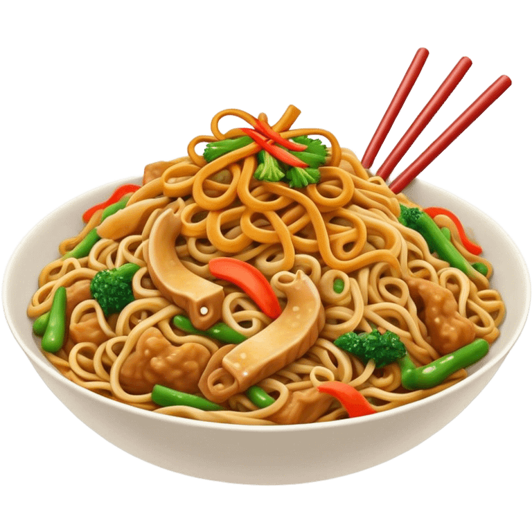 Cinematic Realistic Chow Mein Dish Emoji, showcasing stir‚Äêfried noodles with crisp vegetables and tender meat, rendered with lifelike detail and vibrant, dynamic lighting. emoji