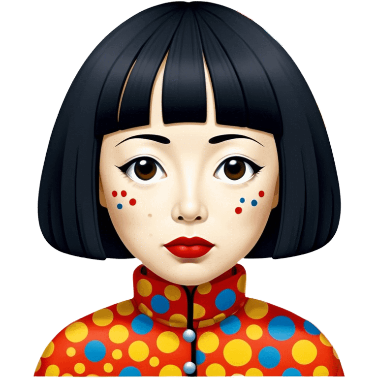 Yayoi Kusama – Cinematic Realistic Portrait of old Japanese artist Yayoi Kusama, depicted as an avant-garde artist with an eccentric, captivating expression surrounded by her iconic polka dot patterns, rendered with vivid textures and imaginative lighting that evokes her unique, surreal creative world. emoji