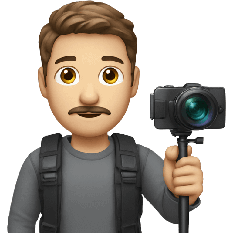 man brown hair, light skin, fine mustache, round face, cameraman with mobile phone and selfie stick. emoji