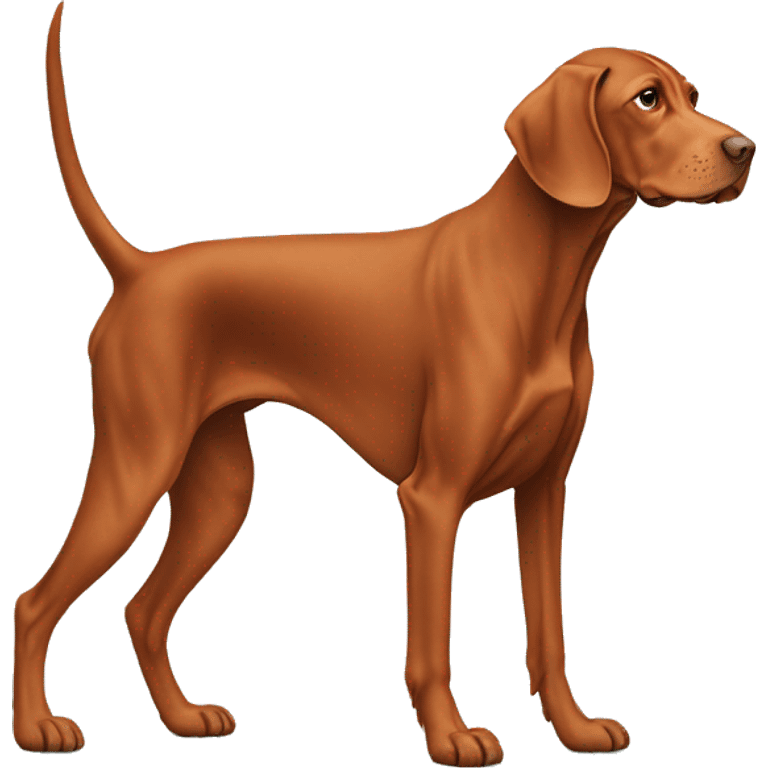 old adult vizsla. aged whitened snowy snout and paws. high tail. standing. rusty colored chest.  emoji