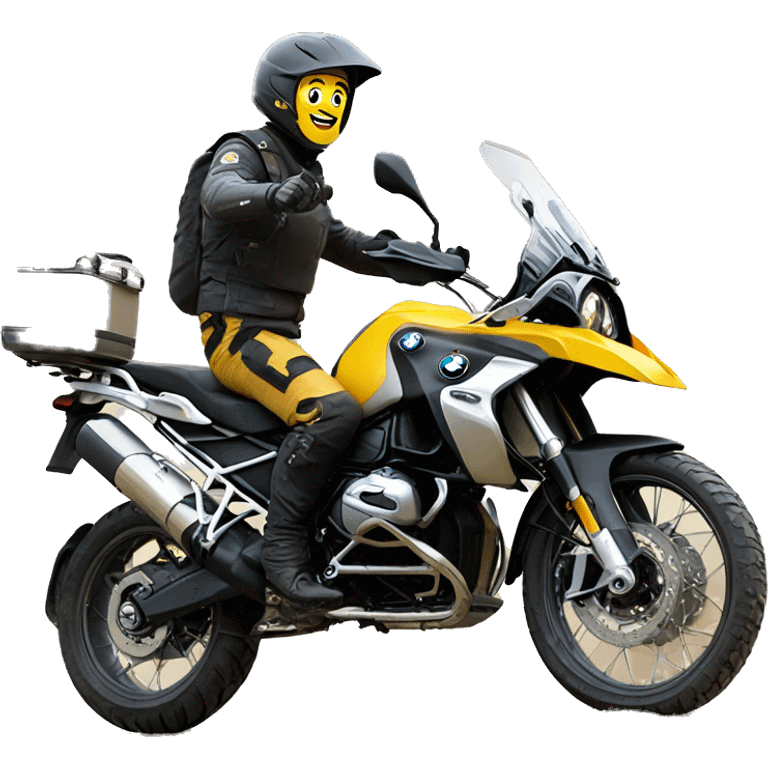 man waving while driving a yellow bmw f750gs on gravel road emoji