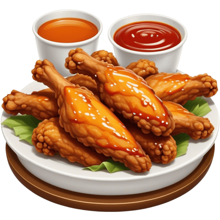 Cinematic crispy chicken wings, golden-brown and glazed with spicy sauce, crunchy coating, juicy inside, piled high with dipping sauce on the side, ultra-realistic and mouthwatering, inviting and bold. emoji