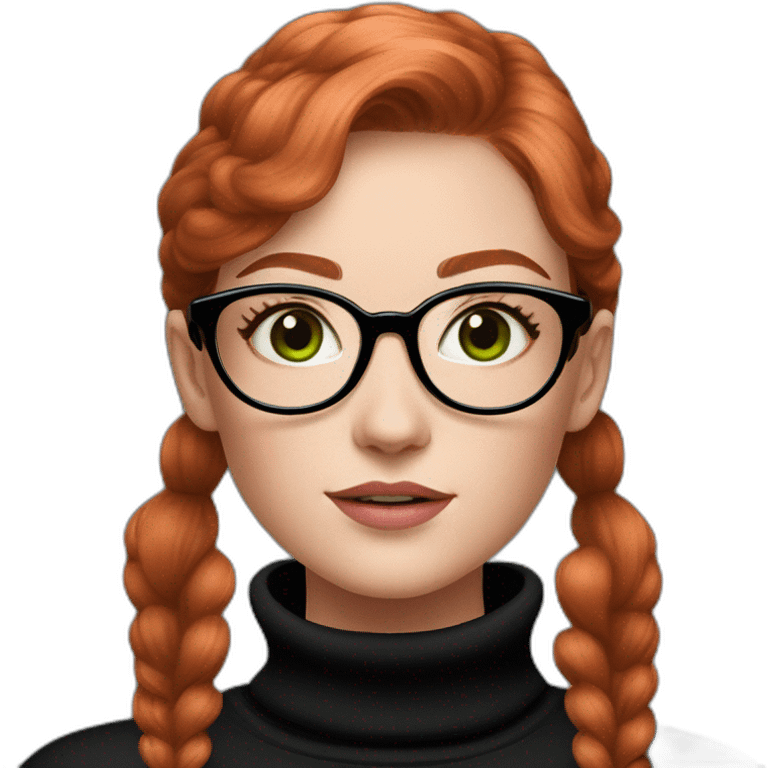 redhead girl with round glasses, green eyes and pink blush on her cheek wearing a black turtleneck emoji