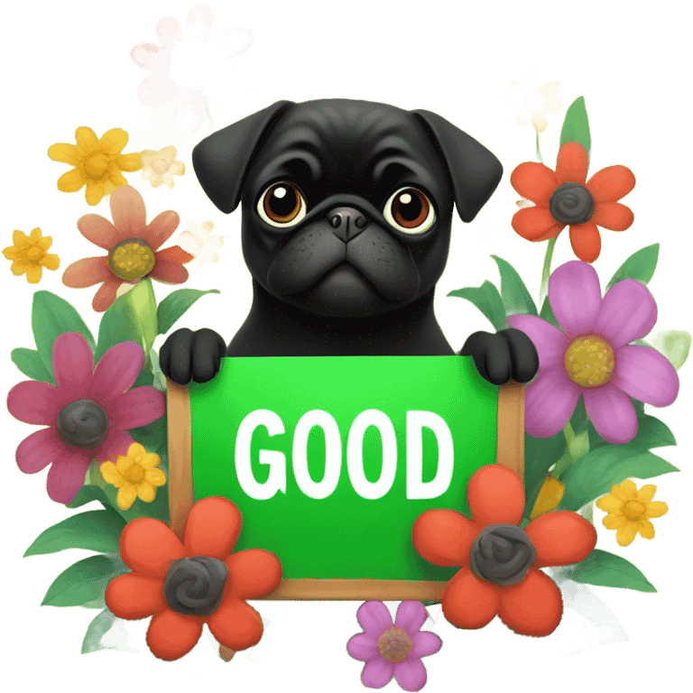 Black pug , surrounded by flowers, holding a green sign that says “good luck”  emoji