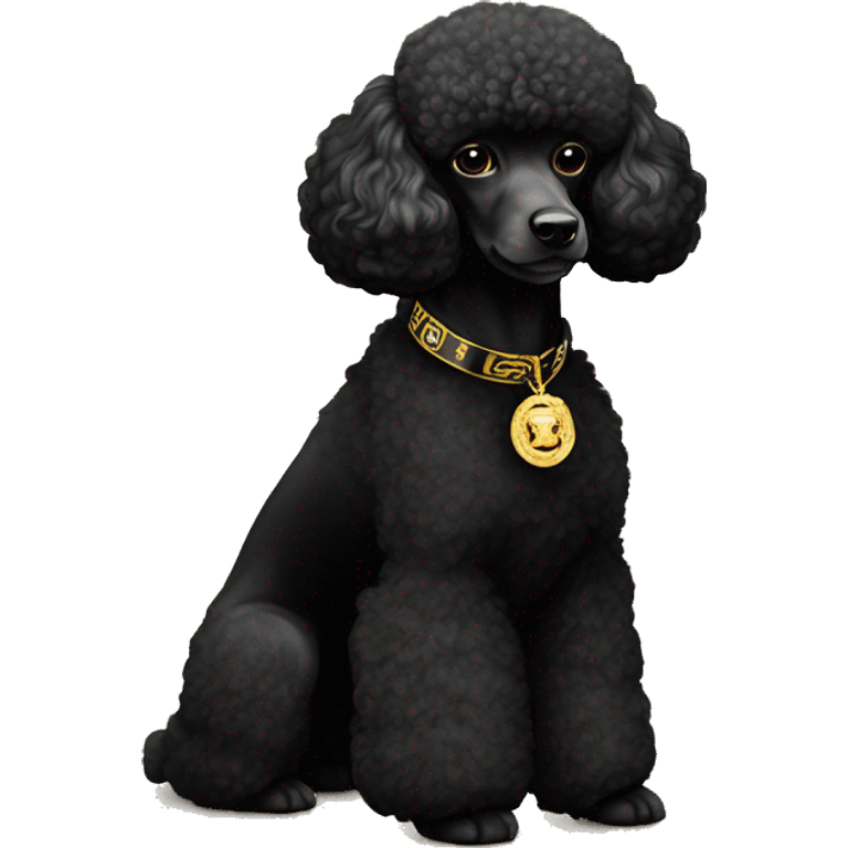 A black miniature poodle with a shaved face and a black collar with gold Versace emblems on it emoji