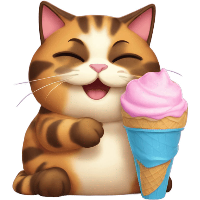 Cute fat tortoiseshell cat eating ice cream emoji