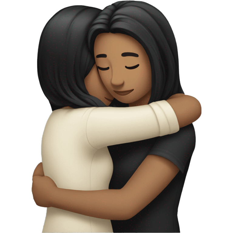 A lesbian couple with white skin and long black hair hugging intimately, and romantically. emoji