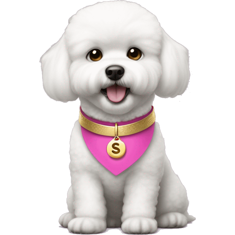 bichon dog wearing a pink collar with a gold coin shaped tag with the letter "S" hanging from the collar emoji