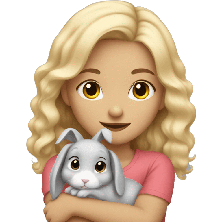 Blond wavy hair girl cuddling a cute grey rabbit emoji