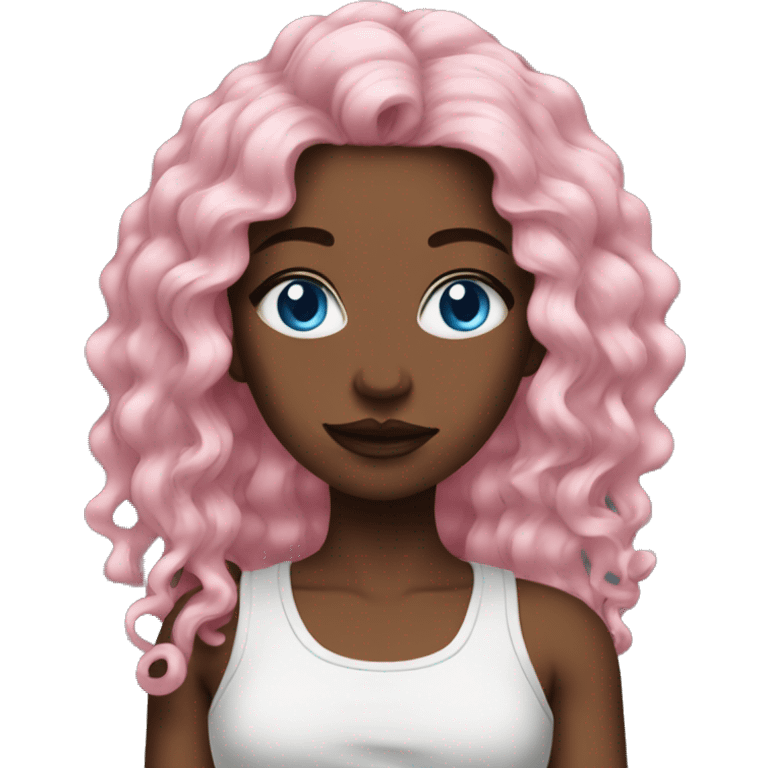 Long pink hair women with blue eyes black tank and tattoos emoji