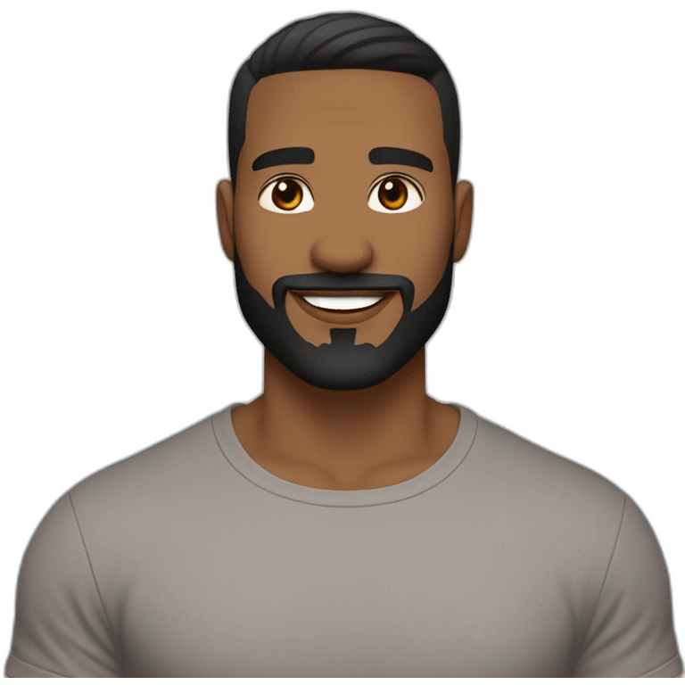 light brown skin male, black hair with a skin fade haircut, good beard, white teeth, black t shirt approximately 32 years old, good beard, chest up, confident emoji