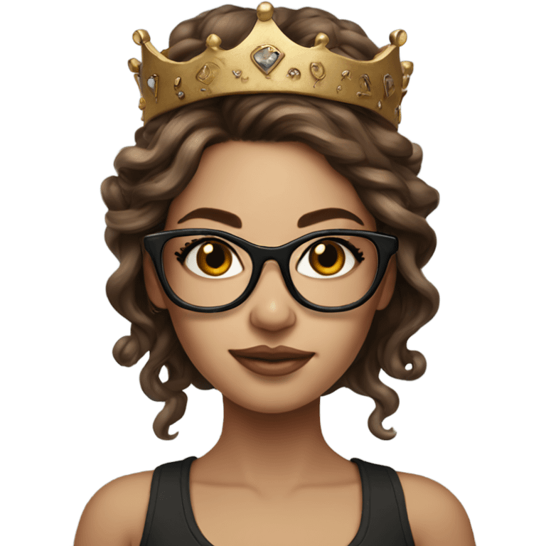 Hyperrealistic beautiful  girl, wearing a crown and glasses with tattoos, with long brown hair  emoji