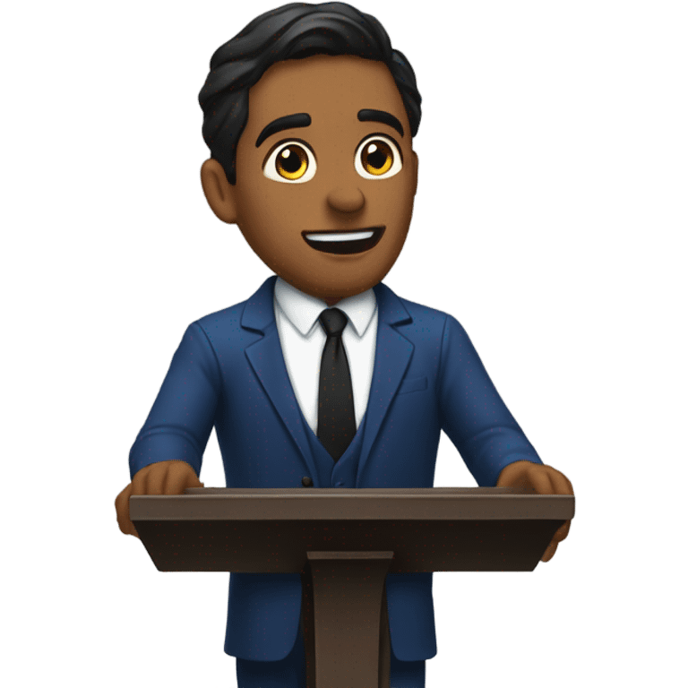 A man with dark hair and blue suit with black tie preaching behind pulpit emoji