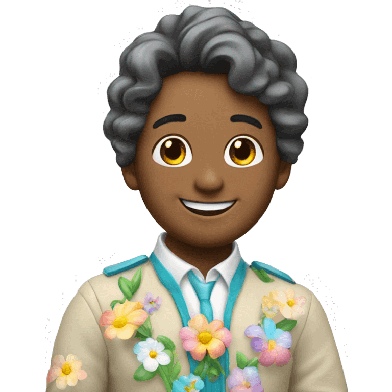 Uniconio sonriente de pelo celeste y piel blanca con un collar de flor de colores emoji