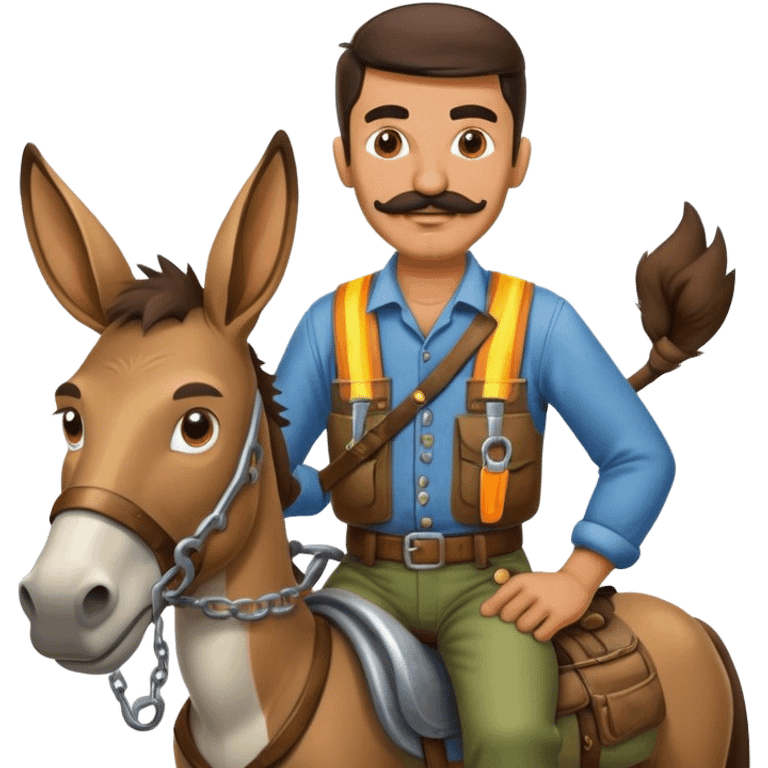 Kurdish man with big mustache riding on a donkey wearing mechanic clothes  emoji