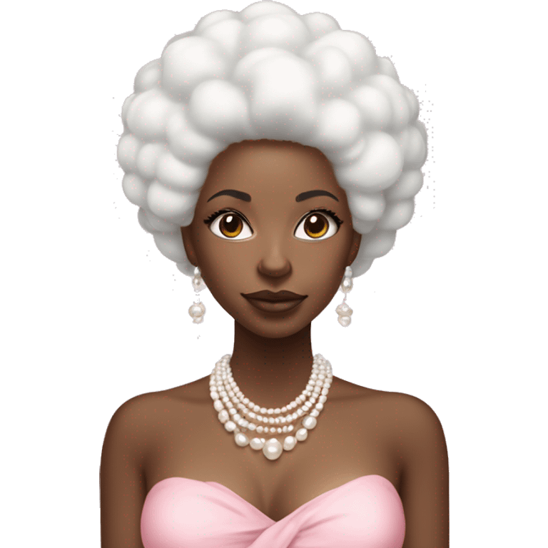 Black woman with white afro hair (with pearl hair accessories) and white coloured eyes. Wearing pearl necklaces and earrings with a pink flowy dress adorned in pearls emoji