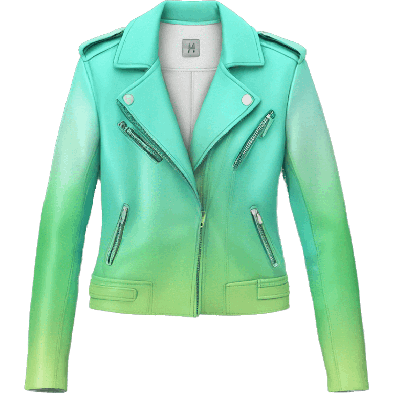 Hyper Realistic open tiffany blue ,pistachio green,sky blue and mint green ombre feminine fashion leather jacket. emoji