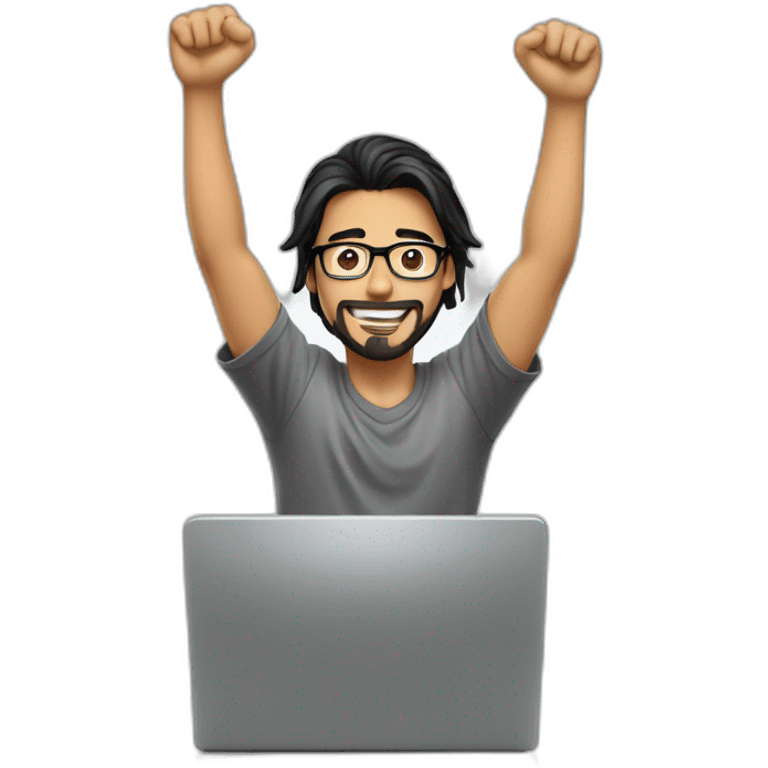 a young man with long black hair, with goatee, wearing glasses sitting with a computer, his arms up, cheering emoji